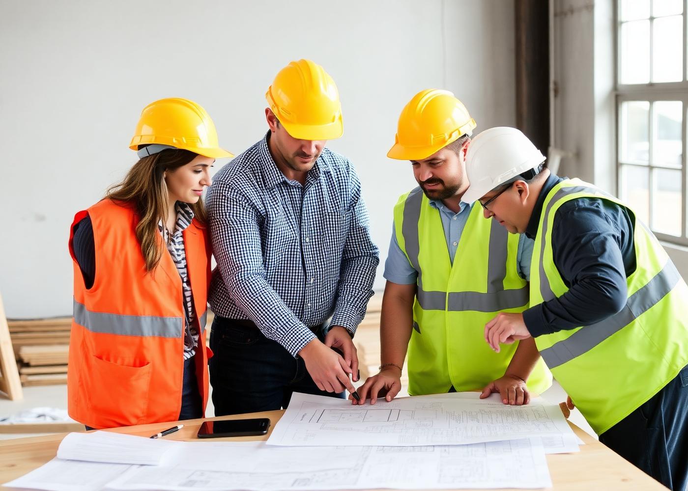 Site team reviewing building plans